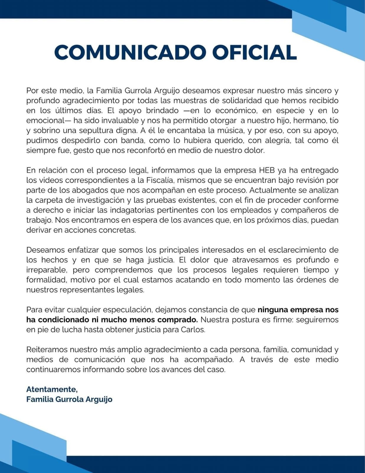 FAMILIA DE CARLOS GURROLA AGRADECE APOYO